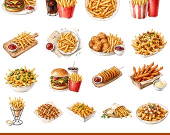 Pommes frites Clipart Bundle 30 PNG, Akvarell Mat Clipart, Snabbmat Illustration, Burger Pommes Frites Meny Design, Restaurang Café PNG