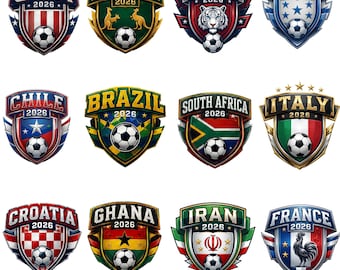 Może przedstawiać: Kolekcja dwunastu emblematów sportowych z nazwami krajów, takimi jak USA, Australia, Korea, Honduras, Chile, Brazylia, RPA, Włochy, Chorwacja, Ghana, Iran i Francja, z których każdy zawiera rok 2026 oraz grafikę piłki nożnej.