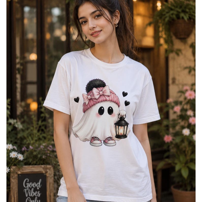 May include: A white short-sleeved t-shirt featuring a graphic of a cartoon ghost wearing a pink knit hat with a pom-pom and a bow, pink sneakers, and holding a black lantern. The design includes small black hearts surrounding the ghost figure.