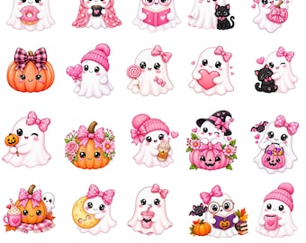 30 rosa kawaii spöken PNG-paket, Halloween sublimeringsdesign (digital nedladdning)