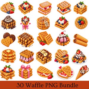 May include: A collection of 30 digital illustrations featuring various waffle designs, including heart-shaped waffles, stacked waffles with whipped cream, fresh strawberries, blueberries, chocolate syrup, and banana slices, plus waffle cones and gift-wrapped waffles.