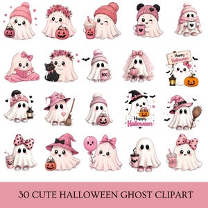 May include: A collection of 30 illustrations featuring white ghosts in various pink-themed Halloween outfits and accessories, including pumpkins, witch hats, bows, coffee cups, and brooms, with the text 30 CUTE HALLOWEEN GHOST CLIPART at the bottom.