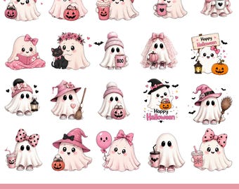 Rosa Halloween-spöke-clipartpaket, bohemiska pastellfärgade kusliga PNG-filer (kommersiellt bruk)