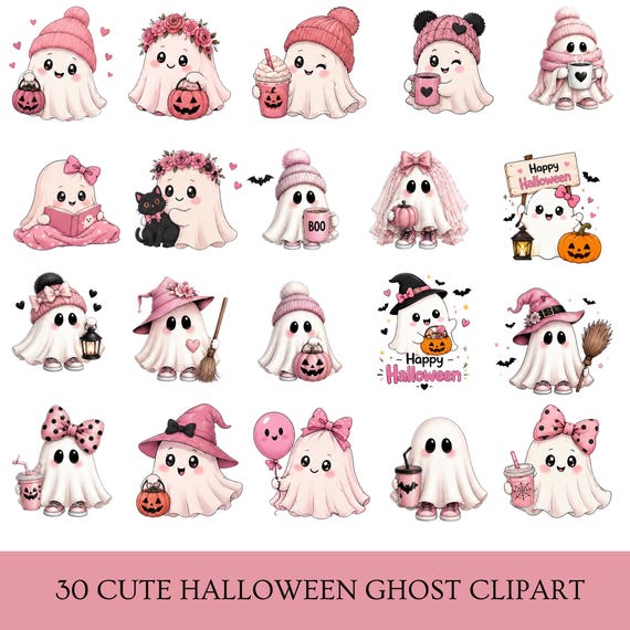 Pink Halloween Ghost Clipart Bundle, Boho Pastel Spooky PNGs (Commercial Use)