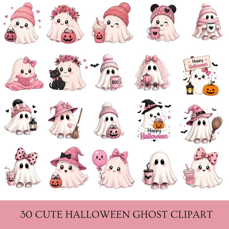 May include: A collection of 30 illustrations featuring white ghosts in various pink-themed Halloween outfits and accessories, including pumpkins, witch hats, bows, coffee cups, and brooms, with the text 30 CUTE HALLOWEEN GHOST CLIPART at the bottom.
