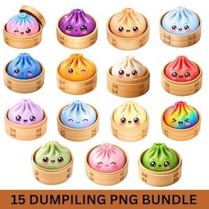 Puede incluir: Una colección de 15 ilustraciones de dumplings coloridos, cada uno con una cara sonriente y descansando en una pequeña cesta de vapor de bambú. Los dumplings muestran varios colores sólidos, degradados y patrones, con el texto 15 DUMPLING PNG BUNDLE.