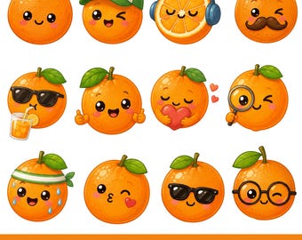 Pacchetto di 20 simpatiche clipart di arance in formato PNG / Adesivi emoji di frutta kawaii / Clipart di cibo divertenti / Estate per bambini / Download immediato