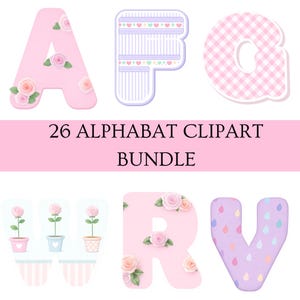 Pode incluir: Um conjunto de letras de clipart do alfabeto em rosa, roxo e branco. As letras são decoradas com desenhos florais e estampados. A imagem inclui o texto "26 ALPHABET CLIPART BUNDLE".