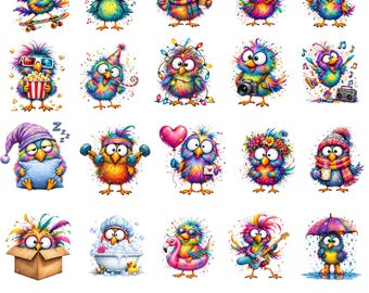 20 udda regnbågsfågel clipart-paket, fluffiga kycklingar i PNG-format (digital nedladdning)