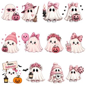 Pink Halloween Ghost Clipart Bundle, Boho Pastel Spooky PNGs (Commercial Use) image 4