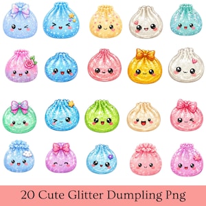 Leuke dumpling PNG-bundel, kawaii glitter clipart, pastelkleurig voedsel sublimatieontwerp, schattige figuurtjes PNG, digitale download