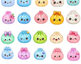 かわいい餃子PNGバンドル、かわいいグリッタークリップアート、パステルフード昇華デザイン、かわいいキャラクターPNG、デジタルダウンロード