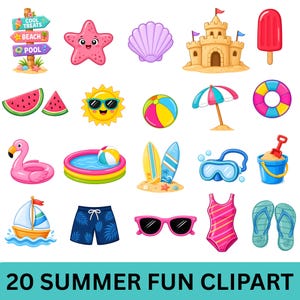 Op de afbeelding: Een verzameling kleurrijke zomer-thema clipart illustraties. Bevat een zandkasteel, watermeloen schijfjes, een strandbal, zonnebrillen, een flamingo-drijver, een zeilboot en een badpak. De tekst onderaan luidt "20 SUMMER FUN CLIPART".