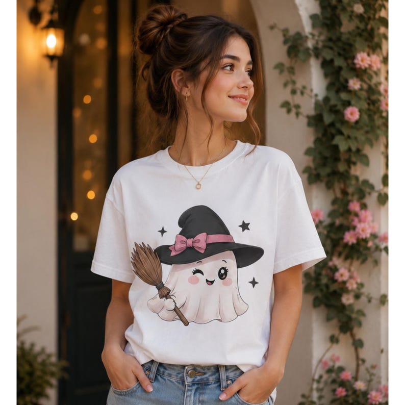 May include: A white short-sleeved t-shirt featuring a graphic of a cartoon ghost wearing a black witch hat with a pink bow. The ghost is winking and holding a brown broomstick, surrounded by small black stars on the front of the garment.