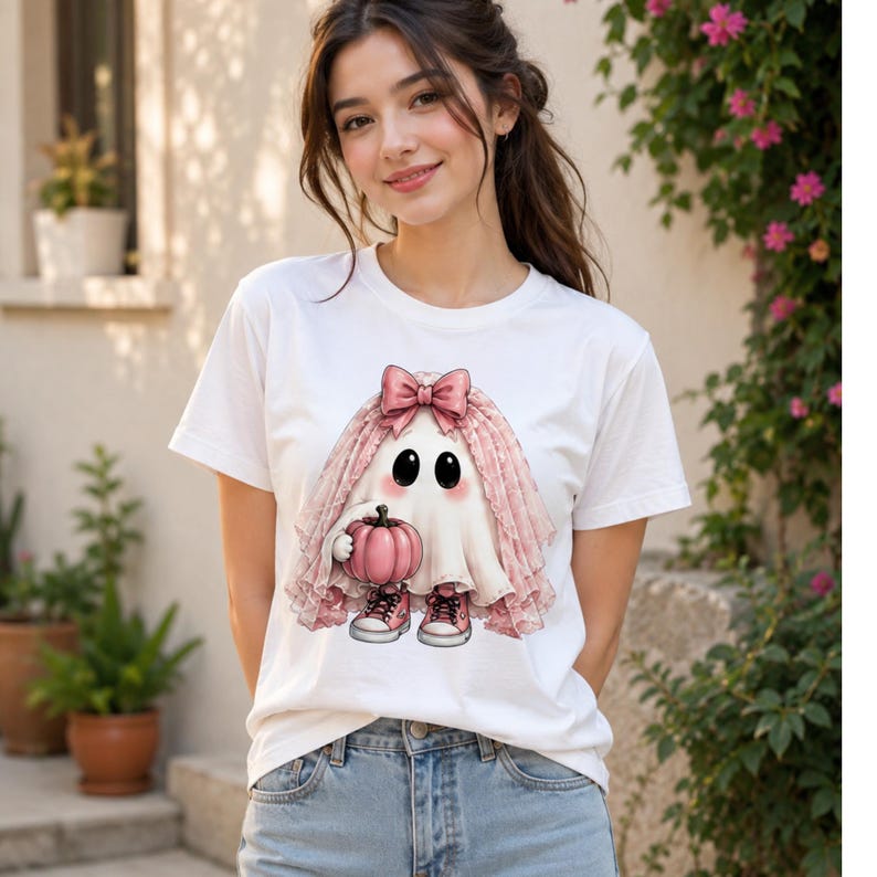 May include: A white short-sleeved t-shirt featuring a graphic of a cartoon ghost wearing a pink lace veil with a matching bow, holding a small pink pumpkin, and wearing pink sneakers. The ghost has large black eyes and rosy pink cheeks.
