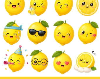 20 söta citron clipart PNG-paket | Kawaii fruktkaraktär emoji-klistermärken | Roligt citronansikte | Sommarmat | Kommersiell användning direkt nedladdning