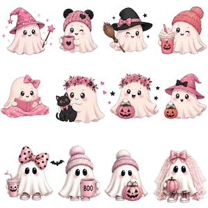 Pink Halloween Ghost Clipart Bundle, Boho Pastel Spooky PNGs (Commercial Use) image 3