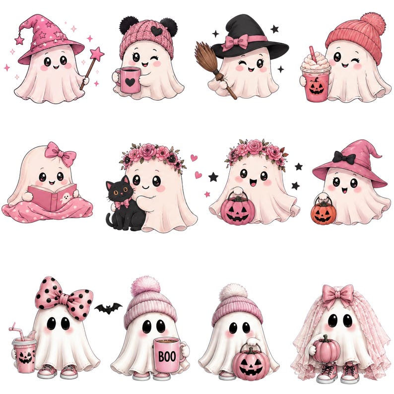 Pink Halloween Ghost Clipart Bundle, Boho Pastel Spooky PNGs (Commercial Use) image 3