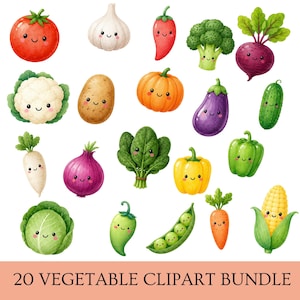 May include: A collection of 20 watercolor vegetable clip art illustrations. The vegetables include a tomato, garlic, chili pepper, broccoli, beet, cauliflower, potato, pumpkin, eggplant, cucumber, radish, red onion, spinach, yellow bell pepper, green bell pepper, cabbage, green pepper, peas, carrot, and corn.