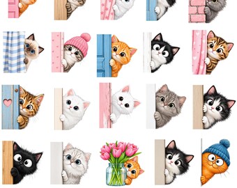 20 kikarkatt clipart-paket, kattunge-PNG för sublimering (digital nedladdning)