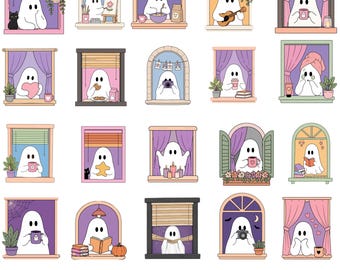 Cozy Halloween Window Ghost PNG Clipart Bundle (Digital Download)