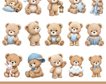Söt nallebjörn Clipart PNG-paket | Akvarell babybjörn blå barnrum | Babyshowerpojke | Björnklistermärke | Kommersiell användning direkt nedladdning