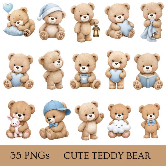 Cute Teddy Bear Clipart PNG Bundle | Watercolor Baby Bear Blue Nursery | Baby Shower Boy | Bear Sticker | Commercial Use Instant Download