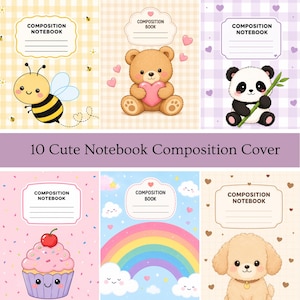 Composition Notebook Cover, Cute Animal Book Cover PNG, Printable Journal Cover, Bee Panda Bear Notebook, Digital Download