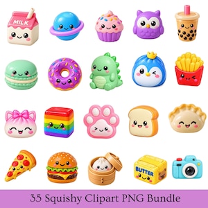 Può includere: Una collezione di venti piccole statuette colorate in stile cartone animato con facce sorridenti. Il set include oggetti come un cartone del latte, un pianeta, un cupcake, un gufo, un tè boba, un macaron, una ciambella, un dinosauro, un pinguino, patatine fritte, un gatto, un cubo arcobaleno, una zampa, pane, un raviolo, pizza, un hamburger, dim sum, burro e una fotocamera.