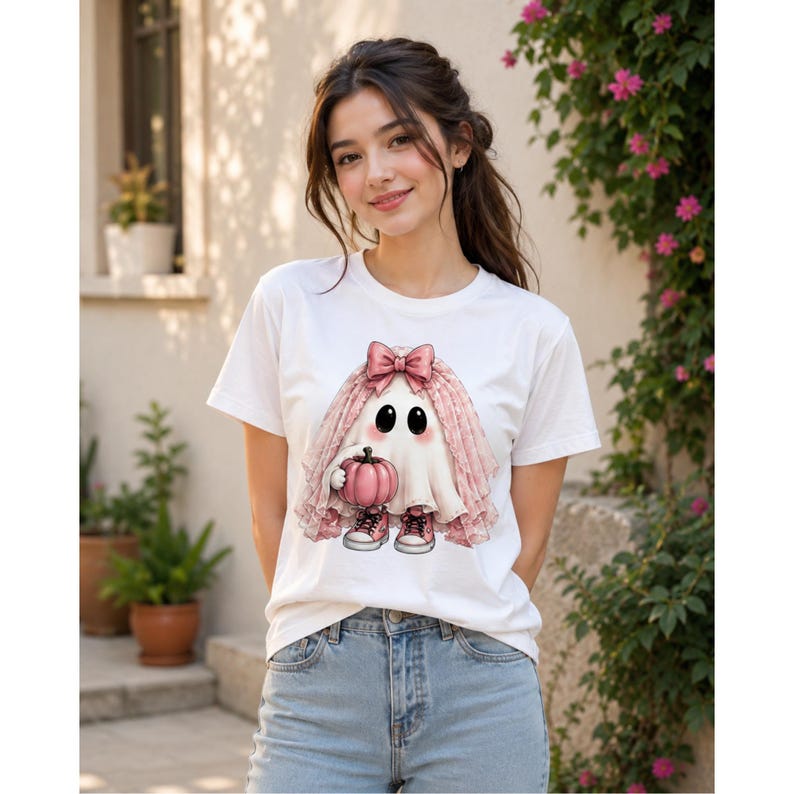 May include: A white short-sleeved t-shirt featuring a graphic of a cartoon ghost wearing a pink lace veil and a matching pink bow. The ghost is holding a small pink pumpkin and wearing pink sneakers. The design is centered on the chest area.