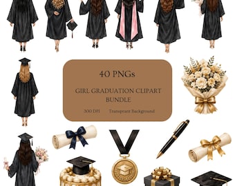 40-årig flicka som examen, clipart, PNG-paket | Akvarell kvinnlig examen, diplom, mössa | Årskurs 2025, hon gjorde det | Direkt nedladdning för kommersiellt bruk