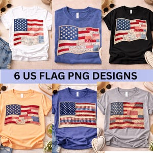 May include: Six t-shirts in various colors, each featuring a unique US flag design. The flags are composed of patchwork patterns in red, white, and blue. The text "6 US FLAG PNG DESIGNS" is displayed at the bottom of the image.