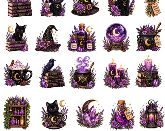 Häxig Clipart-paket, svart kattkristall PNG-set (digital nedladdning)
