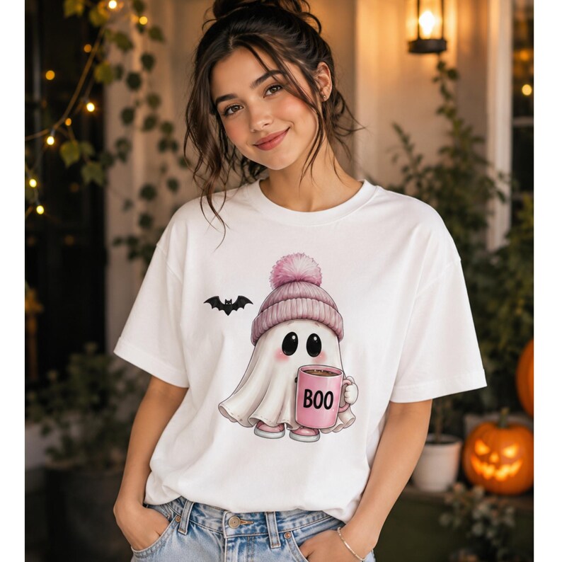 May include: A white t-shirt featuring a graphic of a ghost wearing a pink knit hat with a pom-pom, holding a pink mug with the text BOO printed on it. A small black bat is flying to the left of the ghost. The design is centered on the chest.