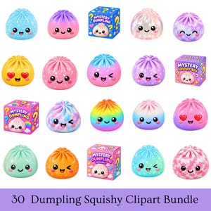 Puede incluir: Una colección de 30 juguetes blandos con forma de dumpling con varios colores, patrones y expresiones faciales, incluyendo varias cajas misteriosas cuadradas etiquetadas como Mystery Dumpling, mostrados en cuadrícula con el texto 30 Dumpling Squishy Clipart Bundle.