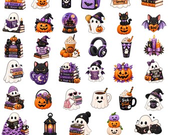 Spooky Halloween Clipart Bundle, Ghosts, Pumpkins, Witchy Cats (Digital Download)