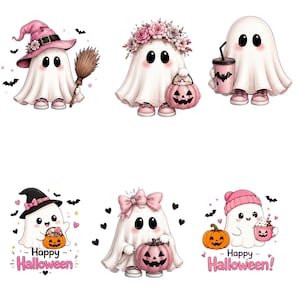 May include: Six illustrations of white ghosts with pink accents. One wears a pink witch hat with a broom, one has a floral crown and pink pumpkin bucket, one holds a pink drink, one wears a black hat with a pumpkin, one has a pink bow, one wears a pink beanie.