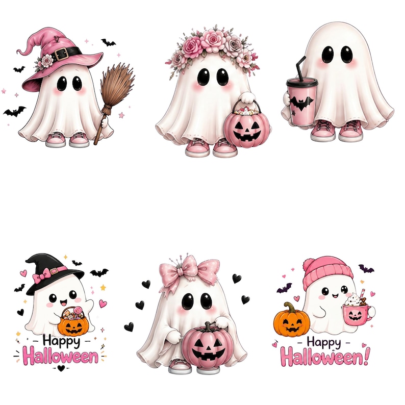 May include: Six illustrations of white ghosts with pink accents. One wears a pink witch hat with a broom, one has a floral crown and pink pumpkin bucket, one holds a pink drink, one wears a black hat with a pumpkin, one has a pink bow, one wears a pink beanie.