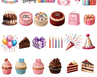 Happy Birthday Wasserfarben Clipart Bundle, Kuchen, Cupcakes und Luftballons (digitaler Download)