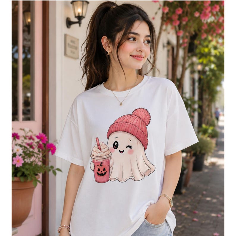 May include: A white short-sleeved t-shirt featuring a graphic illustration of a cute ghost wearing a pink knit beanie with a pom-pom. The ghost is holding a pink iced coffee cup decorated with a black jack-o'-lantern face and a straw.