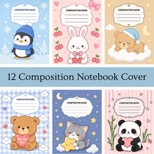 Könnte beinhalten: Eine Sammlung von 12 Notizbuch-Einbänden mit illustrierten Tieren wie Pinguin, Hase, Bär, Katze und Panda. Jeder Einband zeigt den Text Composition Book mit Schreibzeilen sowie verschiedene Motive wie Herzen, Sterne und Wolken.