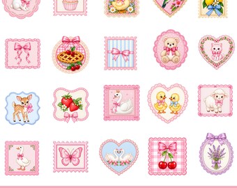 Cute Stamps Clipart PNG, Vintage Pink Stamp Sublimation, Coquette Cottagecore Sticker Design Bundle