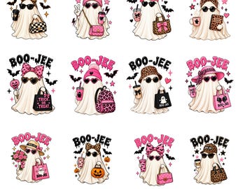 Boo-Jee Ghost PNG-Bundle, Pink Leopard Halloween Clipart (12 Designs)