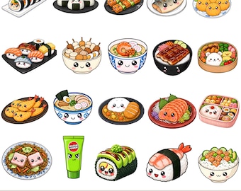 Kawaii Japanese Food PNG, Cute Sushi Ramen Clipart Bundle, Bento Box Anime Food Sticker Design Set