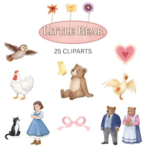 以下が含まれることがあります： 水彩クリップアートセット。茶色のクマ、飛んでいるフクロウ、白い鶏、白黒の猫、青いドレスを着た女の子、ピンクのリボン、ハート、ガチョウ、フォーマルな服装の2匹のクマなど、さまざまなイラストが含まれています。「Little Bear」の文字が表示されています。
