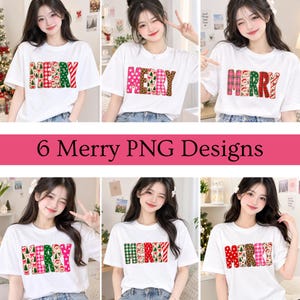 Puede incluir: Seis camisetas blancas de manga corta que muestran la palabra MERRY en letras grandes y gruesas. Cada letra presenta un patrón festivo diferente, incluyendo cuadros, lunares, estampado de leopardo y árboles de Navidad. Aparece el texto 6 Merry PNG Designs.