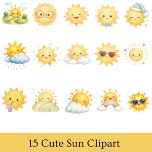 Pacchetto di clipart di un sole carino, sole ad acquerello PNG, sole kawaii download digitale, clipart per cameretta bambini, sole estivo PNG trasparente