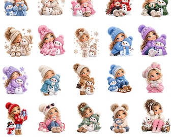 Flicka och snögubbe PNG-paket, söt vinterflicka Clipart-set, sublimeringsdesign med stora ögon och snögubbe