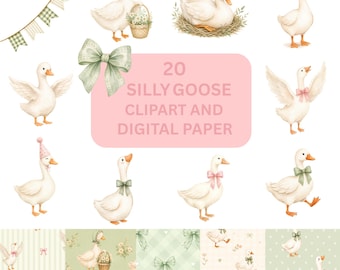 Fånig gås Clipart PNG-paket, 20 gås Clipart digitalt papper, akvarell gås PNG, Cottagecore Clipart, Bow Goose PNG kommersiellt bruk