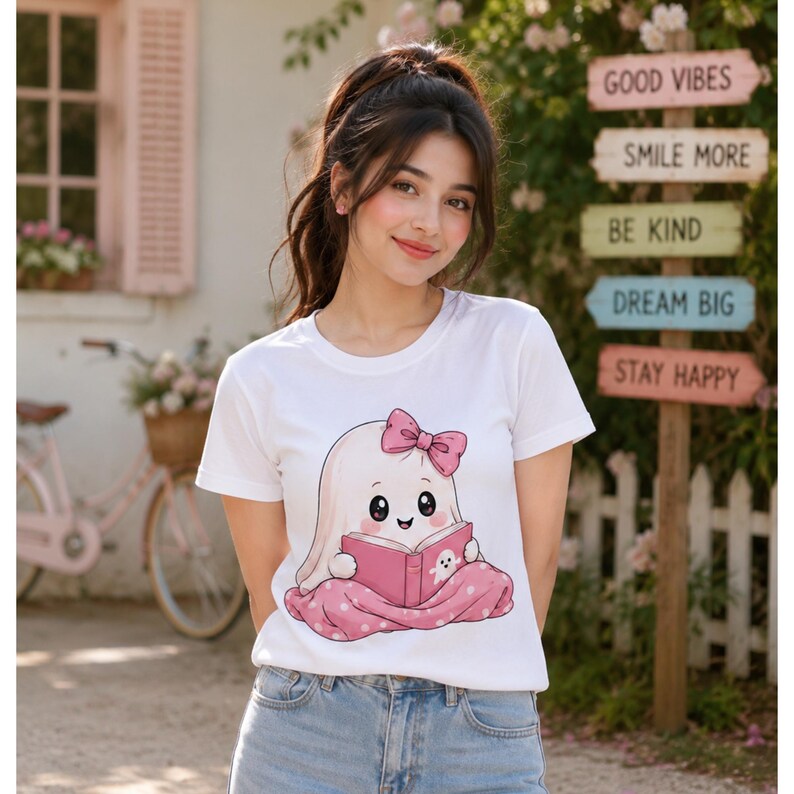 May include: A white short-sleeved t-shirt featuring a graphic of a cute ghost with a pink bow reading a pink book while sitting on a pink polka-dot blanket. The ghost has large black eyes and a small smile, and the book shows a small ghost icon.
